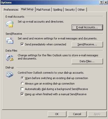 outlook options - mail setup screen